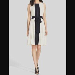 $525 NWT L'Agence Ivory Black Pleated Crepe Shift Tie Waist Zip Dress size 0
